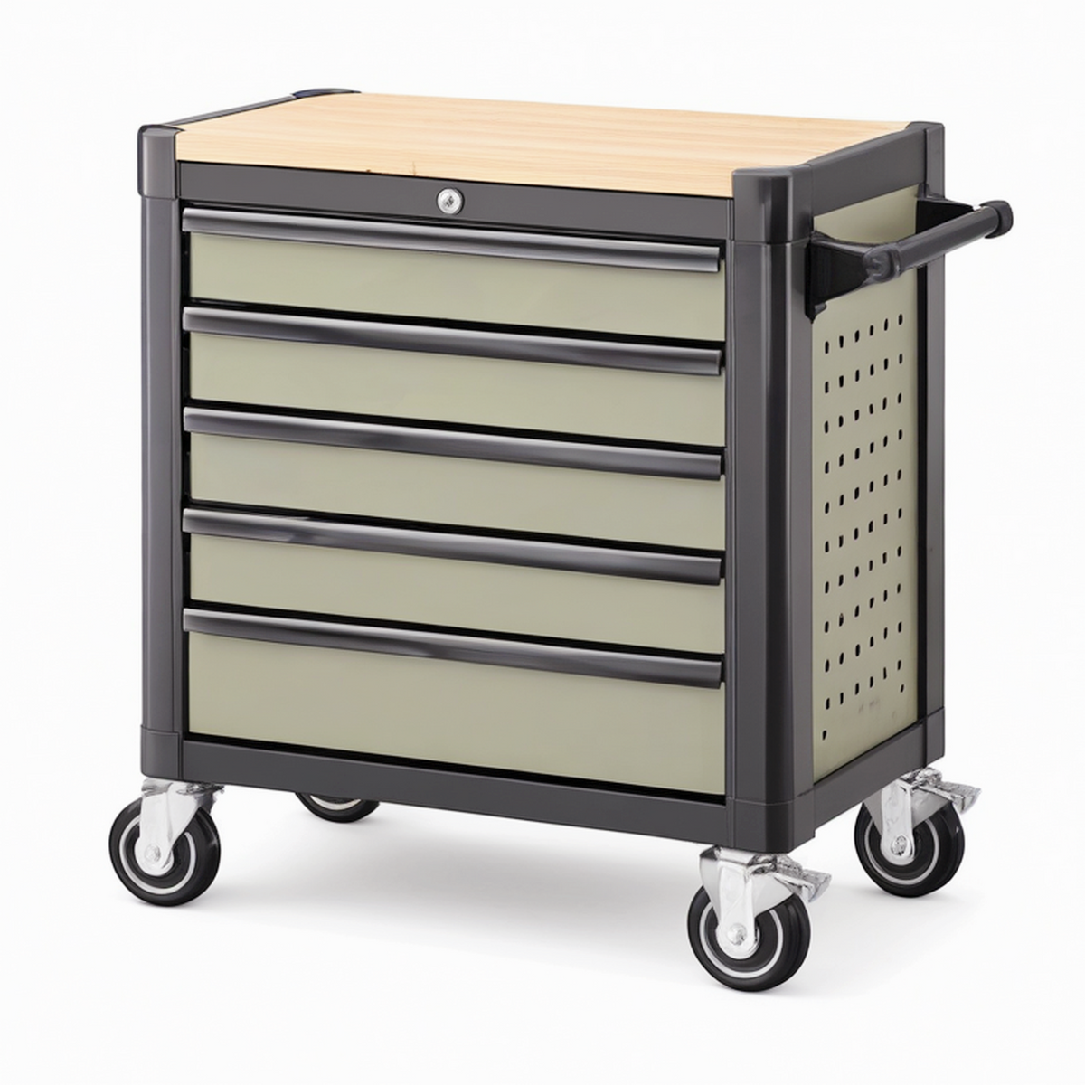 Servante d'atelier 80 x 46 x 95 cm en acier vert olive noir avec plan de travail en bois à 5 tiroirs mobile