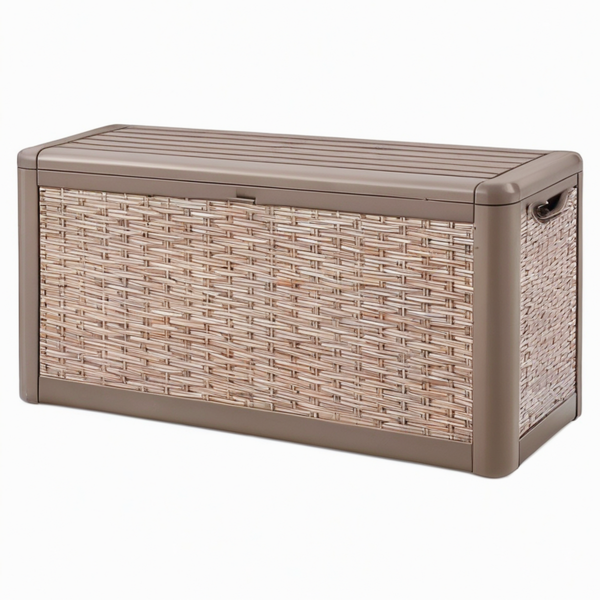 Coffre de rangement extérieur 122 x 56 x 64 cm en polypropylène taupe effet rotin avec couvercle