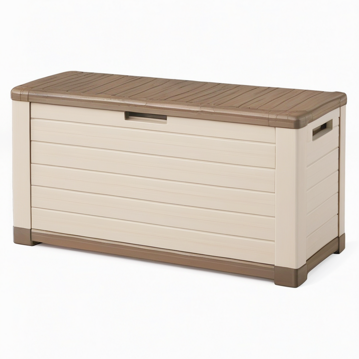 Coffre de rangement extérieur 120 cm en résine beige et marron avec assise