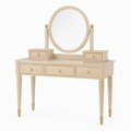 Coiffeuse 120 x 45 x 150 cm en bois beige avec miroir rond et 5 tiroirs style classique