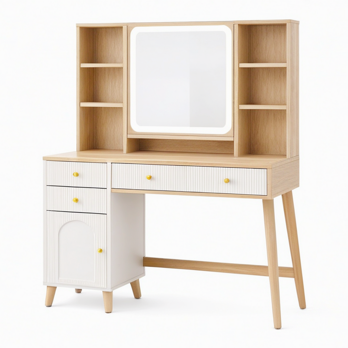 Coiffeuse 120 x 50 x 165 cm en bois naturel et blanc avec miroir lumineux et rangements
