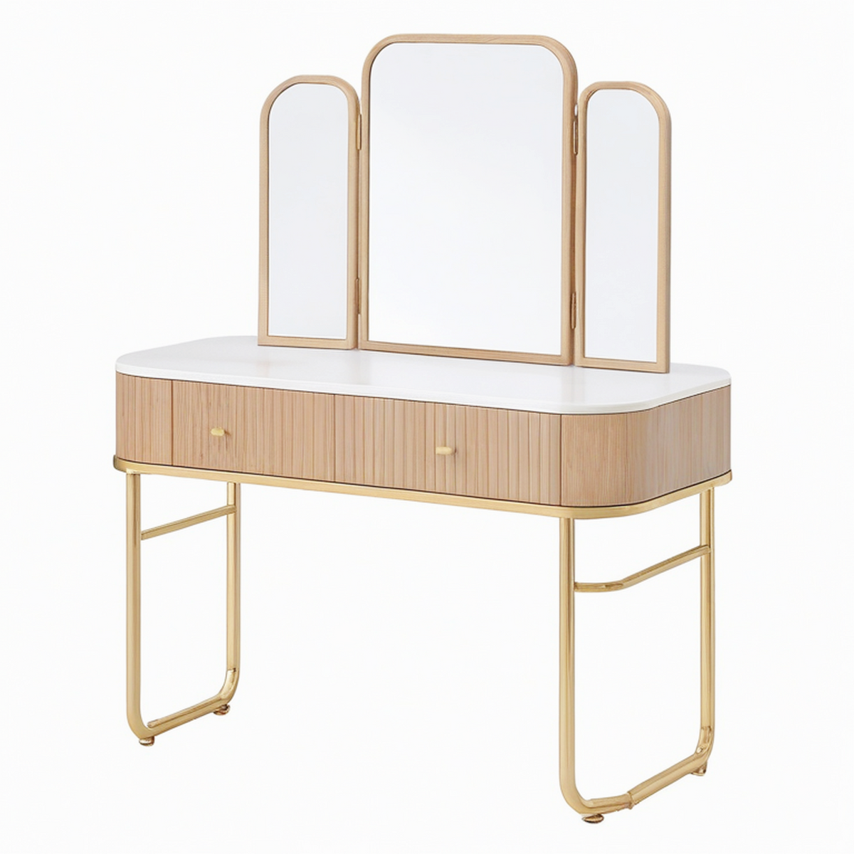 Coiffeuse 120 x 45 x 145 cm en bois clair et verre avec miroir pliant et rangement