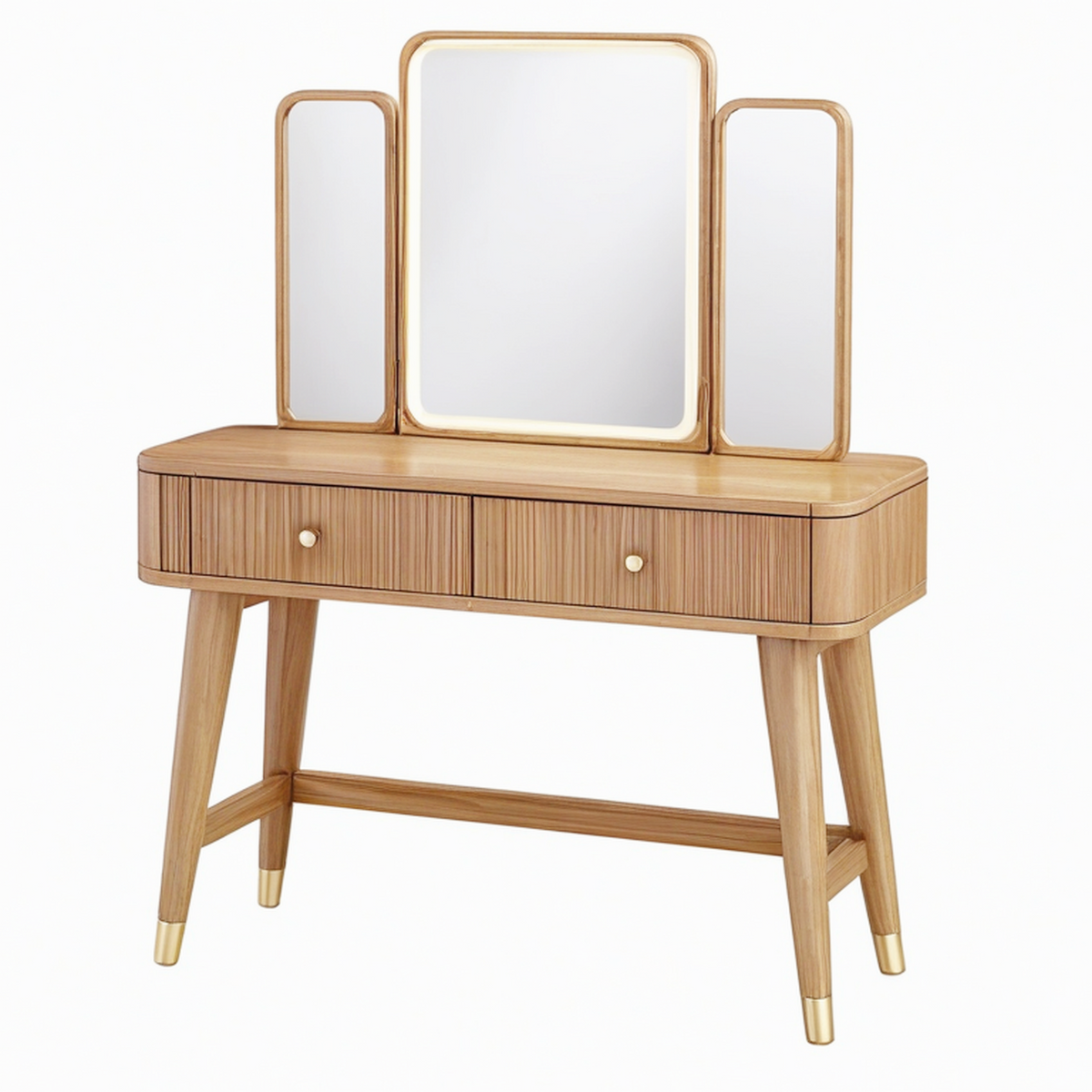 Coiffeuse 100 x 45 x 140 cm en bois marron avec miroir triptyque éclairé style vintage