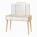 Coiffeuse 100 x 45 x 150 cm en bois clair et blanc avec miroir éclairé pliant 2 tiroirs style moderne
