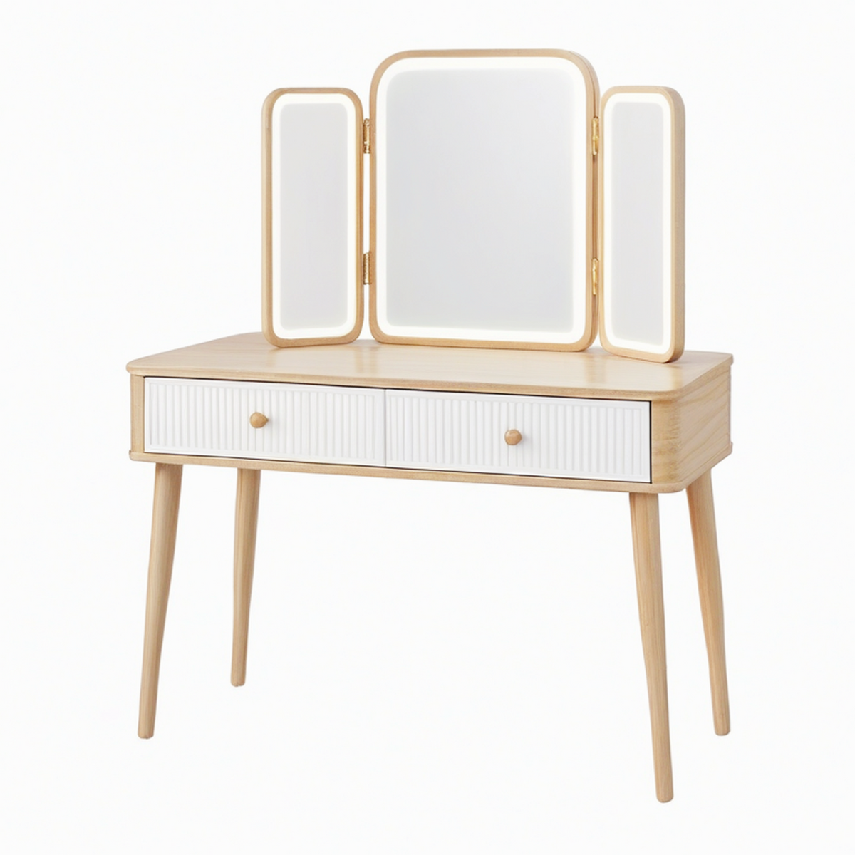 Coiffeuse 100 x 45 x 150 cm en bois clair et blanc avec miroir éclairé pliant 2 tiroirs style moderne