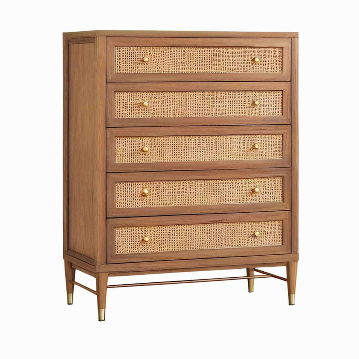 Commode 90 x 45 x 130 cm en bois brun avec tiroirs en cannage style vintage