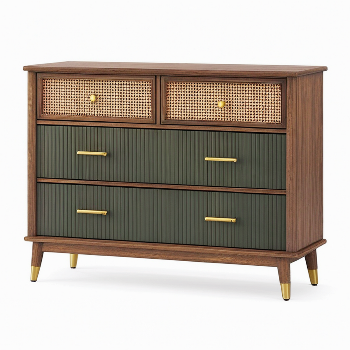 Commode 120 x 45 x 95 cm en bois brun vert avec cannage 4 tiroirs style vintage