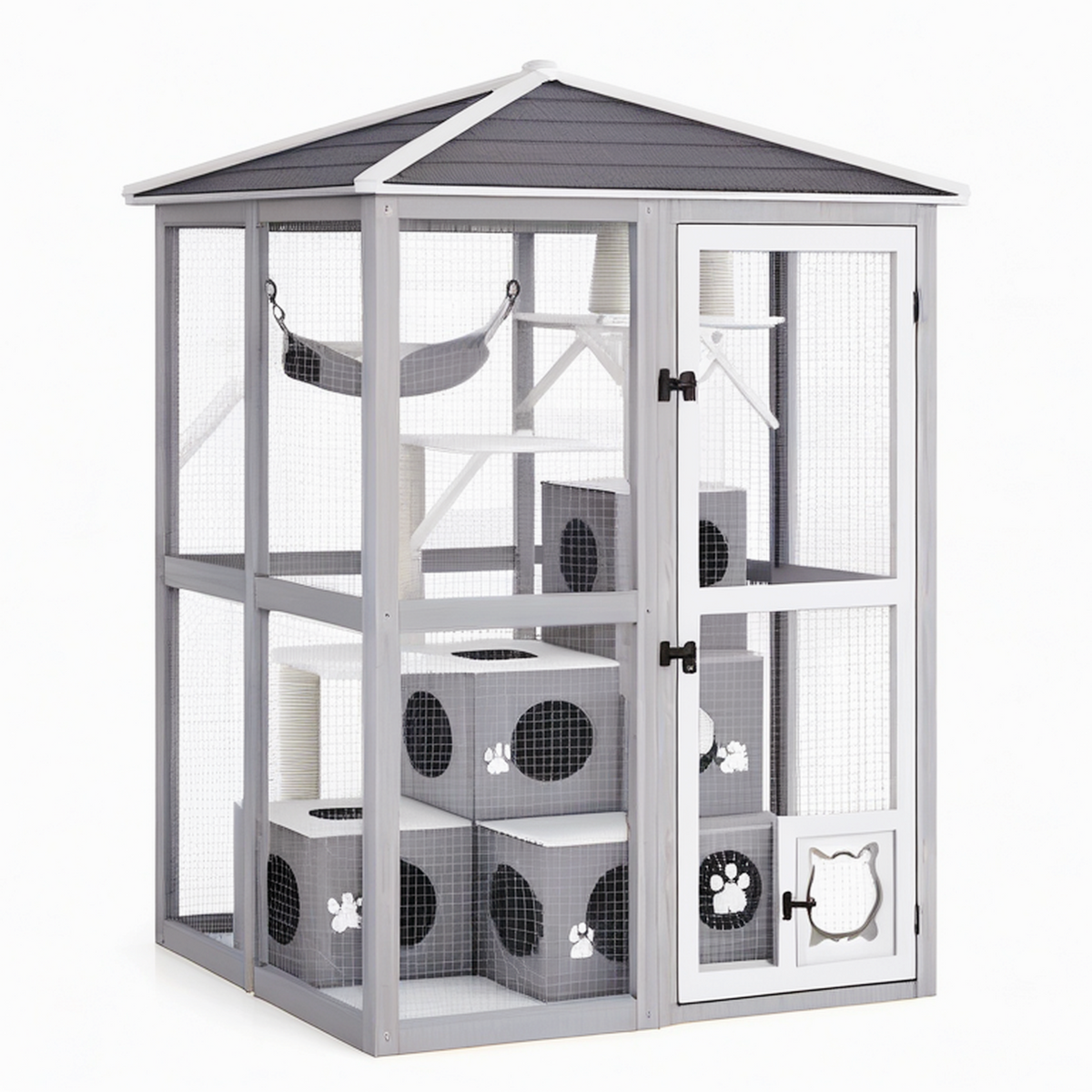 Enclos extérieur pour chat 180 x 100 x 180 cm en bois gris avec grillage et espaces de repos