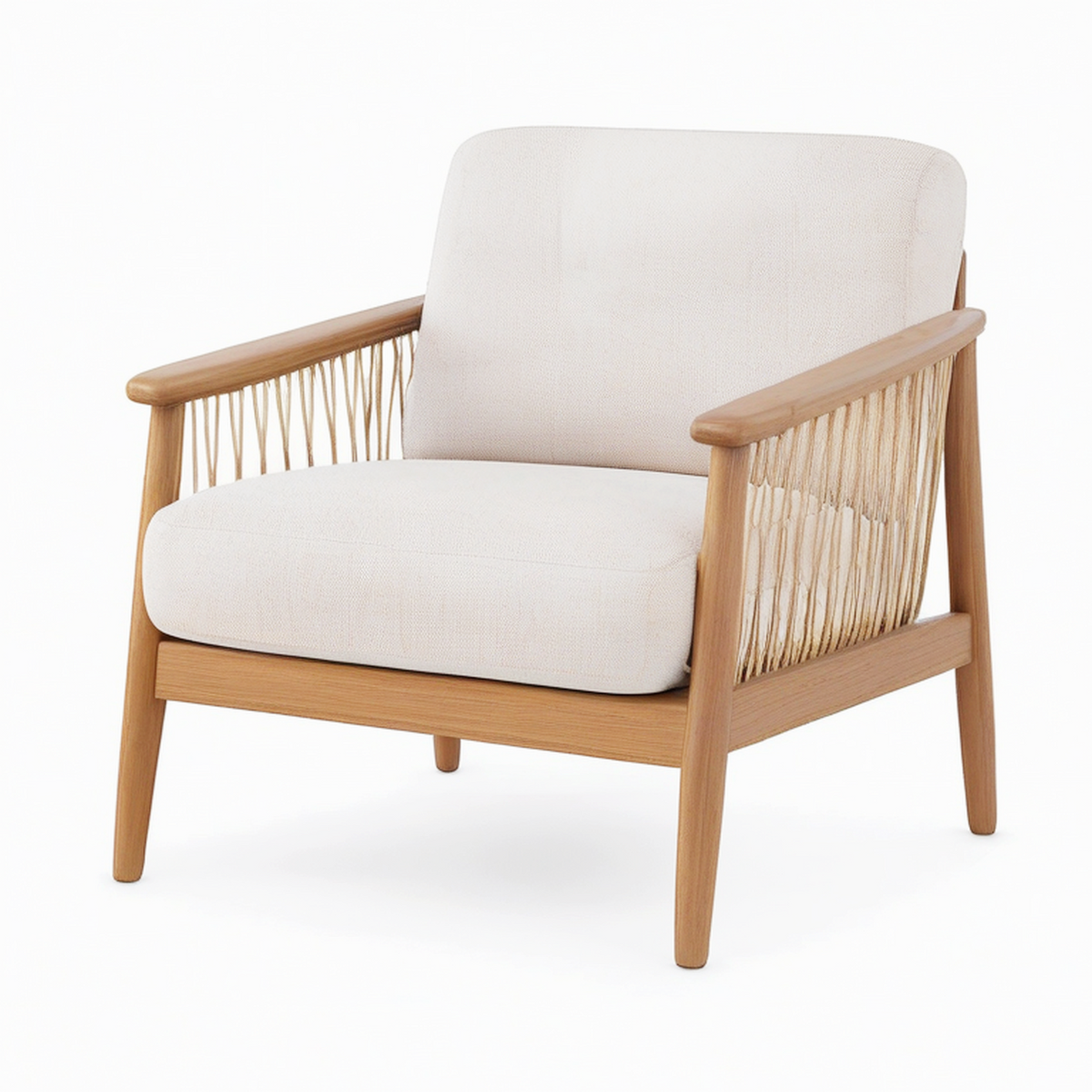 Fauteuil 75 x 80 x 85 cm en bois marron et tissu beige avec accoudoirs tressés