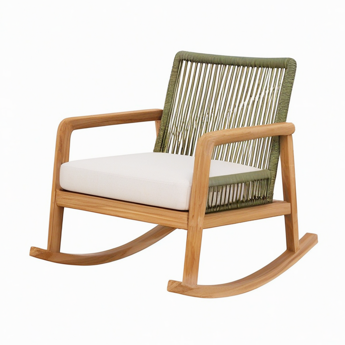 Fauteuil à bascule 68 x 92 x 92 cm en bois naturel et cordage vert avec coussin style contemporain